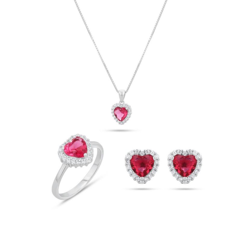 JUEGO DE ANILLO ARETES Y DIJE DE CORAZON CON CADENA PLATA BLANCA 925 CON ZIRCONIAS BLANCAS Y ROSAS