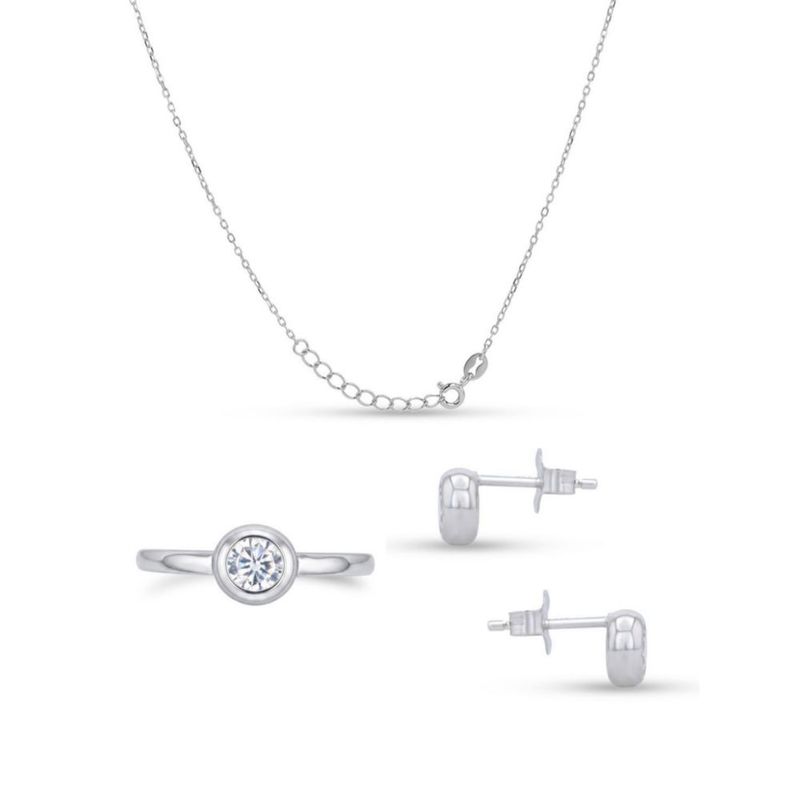 JUEGO DE ANILLO ARETES Y GARGANTILLA DE PLATA BLANCA 925 CON ZIRCONIAS