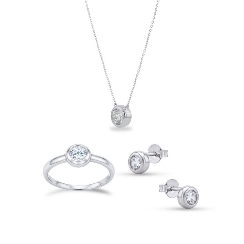 JUEGO DE ANILLO ARETES Y GARGANTILLA DE PLATA BLANCA 925 CON ZIRCONIAS