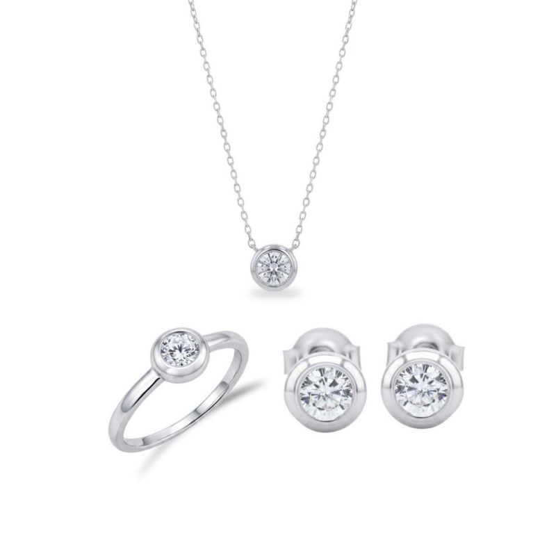 JUEGO DE ANILLO ARETES Y GARGANTILLA DE PLATA BLANCA 925 CON ZIRCONIAS