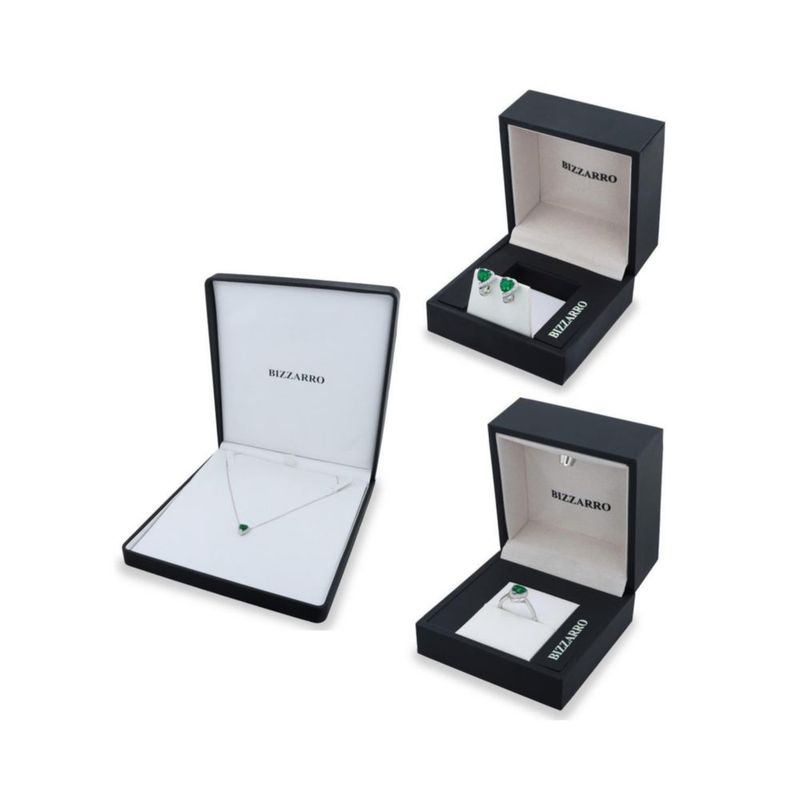JUEGO DE ANILLO ARETES Y GARGANTILLA DE CORAZON PLATA BLANCA 925 CON ZIRCONIAS BLANCAS Y VERDES