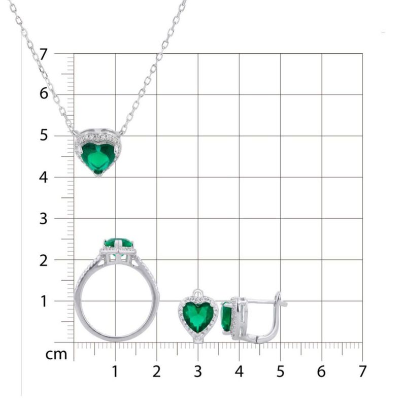 JUEGO DE ANILLO ARETES Y GARGANTILLA DE CORAZON PLATA BLANCA 925 CON ZIRCONIAS BLANCAS Y VERDES