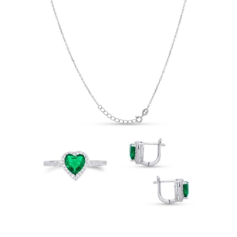 JUEGO DE ANILLO ARETES Y GARGANTILLA DE CORAZON PLATA BLANCA 925 CON ZIRCONIAS BLANCAS Y VERDES