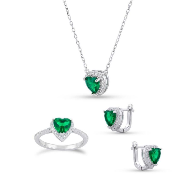 JUEGO DE ANILLO ARETES Y GARGANTILLA DE CORAZON PLATA BLANCA 925 CON ZIRCONIAS BLANCAS Y VERDES