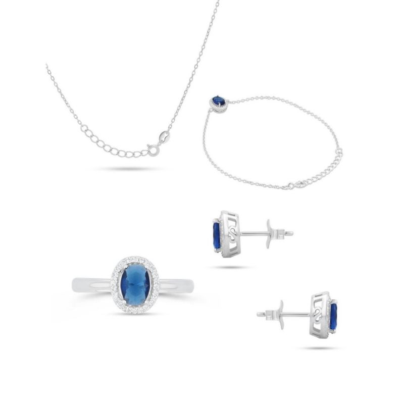 JUEGO DE ANILLO ARETES PULSERA Y DIJE CON CADENA PLATA BLANCA 925 CON ZIRCONIAS BLANCAS Y AZULES