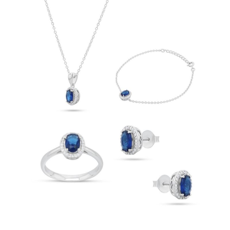 JUEGO DE ANILLO ARETES PULSERA Y DIJE CON CADENA PLATA BLANCA 925 CON ZIRCONIAS BLANCAS Y AZULES