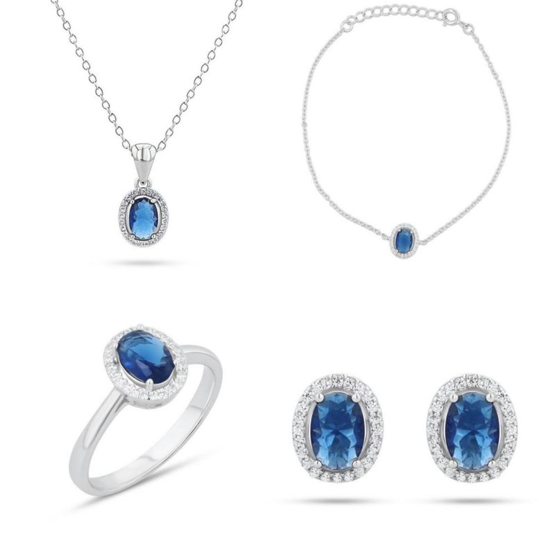 JUEGO DE ANILLO ARETES PULSERA Y DIJE CON CADENA PLATA BLANCA 925 CON ZIRCONIAS BLANCAS Y AZULES