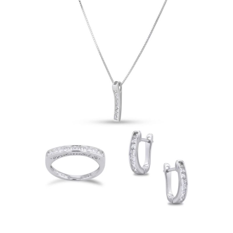 JUEGO DE ARRACADAS CHURUMBELA Y DIJE CON CADENA DE PLATA BLANCA 925 CON ZIRCONIAS