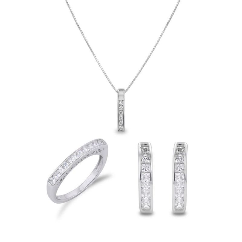 JUEGO DE ARRACADAS CHURUMBELA Y DIJE CON CADENA DE PLATA BLANCA 925 CON ZIRCONIAS