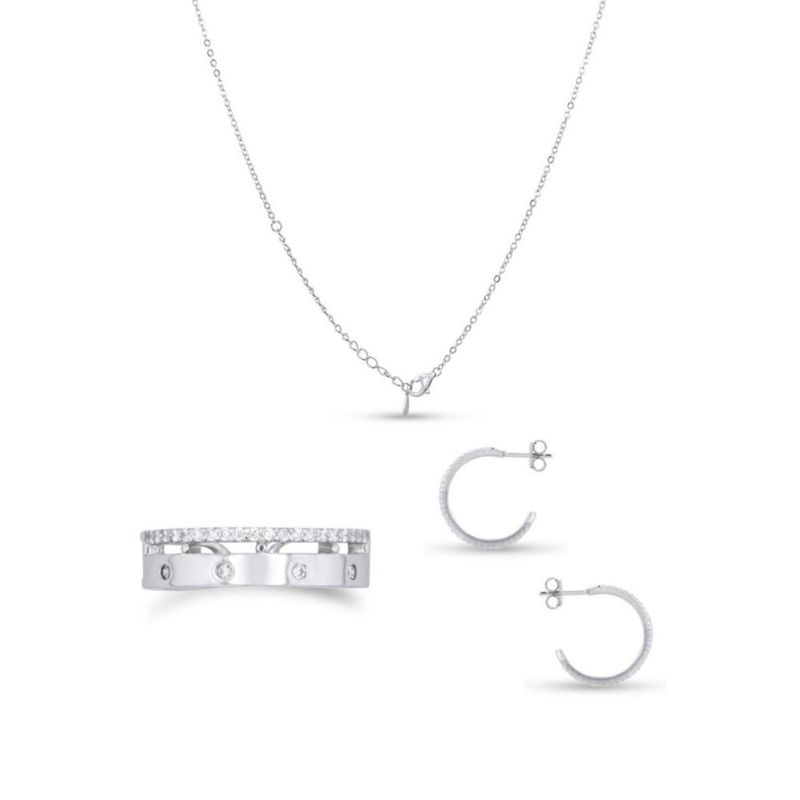 JUEGO DE ANILLO ARETES Y DIJE CON CADENA DE PLATA BLANCA 925 CON ZIRCONIAS
