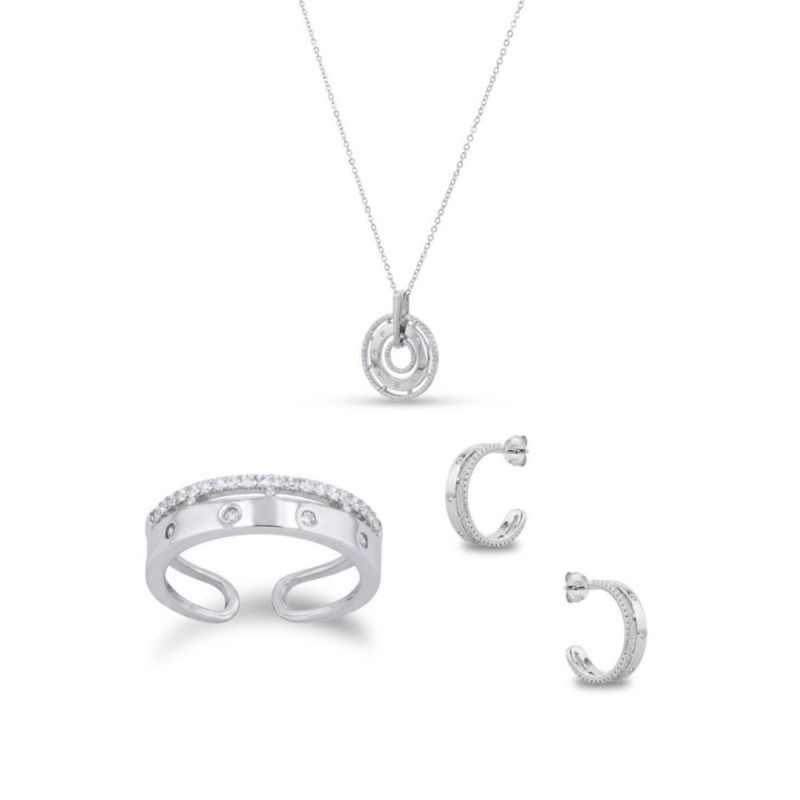 JUEGO DE ANILLO ARETES Y DIJE CON CADENA DE PLATA BLANCA 925 CON ZIRCONIAS