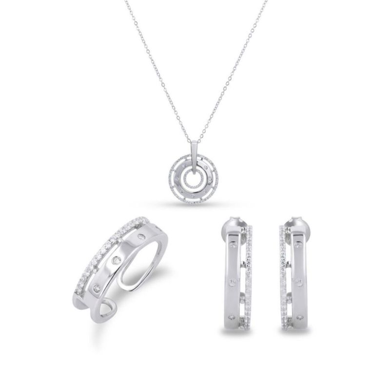 JUEGO DE ANILLO ARETES Y DIJE CON CADENA DE PLATA BLANCA 925 CON ZIRCONIAS