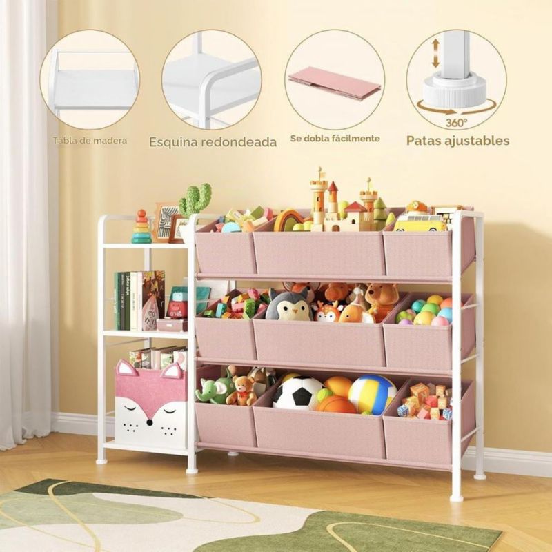 BBLIKE Estante Organizador de juguetes, libros y peluches con compartimentos de almacenamiento y cajones de tela Rosa