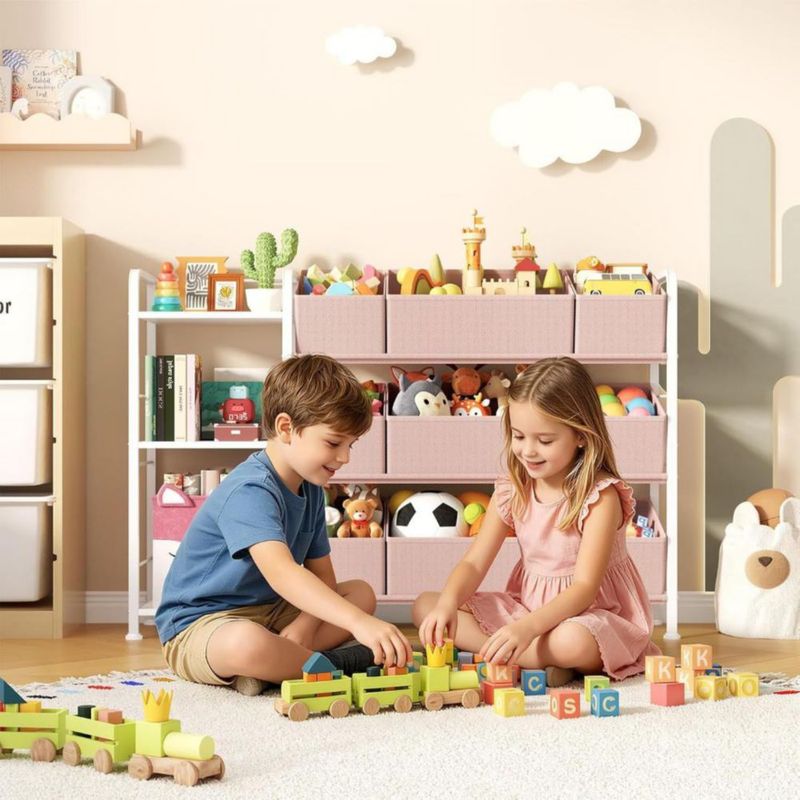 BBLIKE Estante Organizador de juguetes, libros y peluches con compartimentos de almacenamiento y cajones de tela Rosa