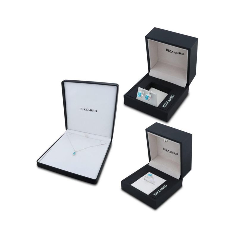 JUEGO DE ANILLO ARRACADAS Y DIJE CON CADENA DE PLATA BLANCA 925 CON ZIRCONIAS BLANCAS Y AZUL CIELO