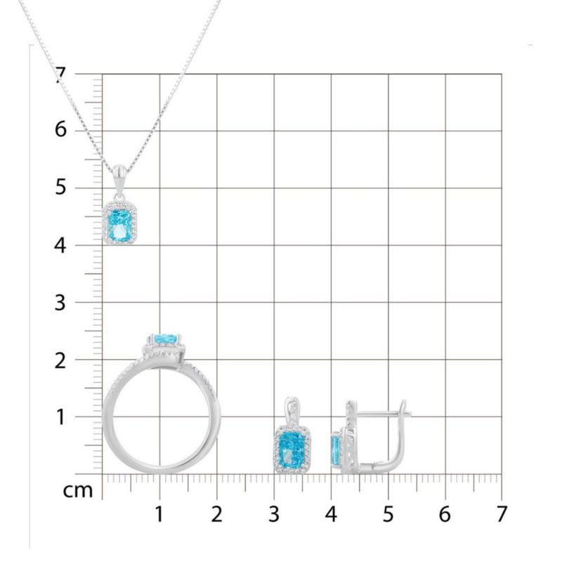 JUEGO DE ANILLO ARRACADAS Y DIJE CON CADENA DE PLATA BLANCA 925 CON ZIRCONIAS BLANCAS Y AZUL CIELO