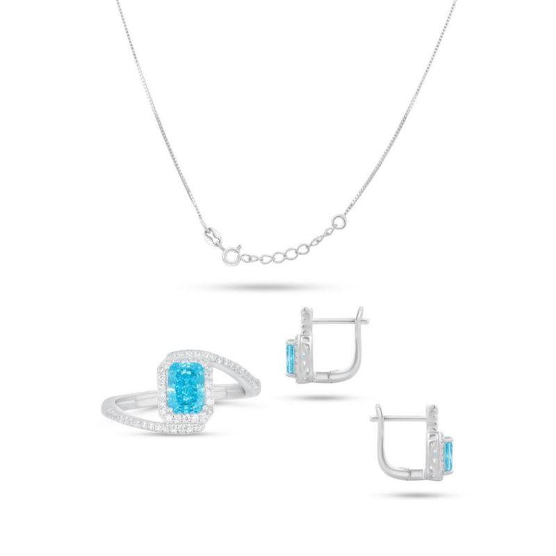 JUEGO DE ANILLO ARRACADAS Y DIJE CON CADENA DE PLATA BLANCA 925 CON ZIRCONIAS BLANCAS Y AZUL CIELO