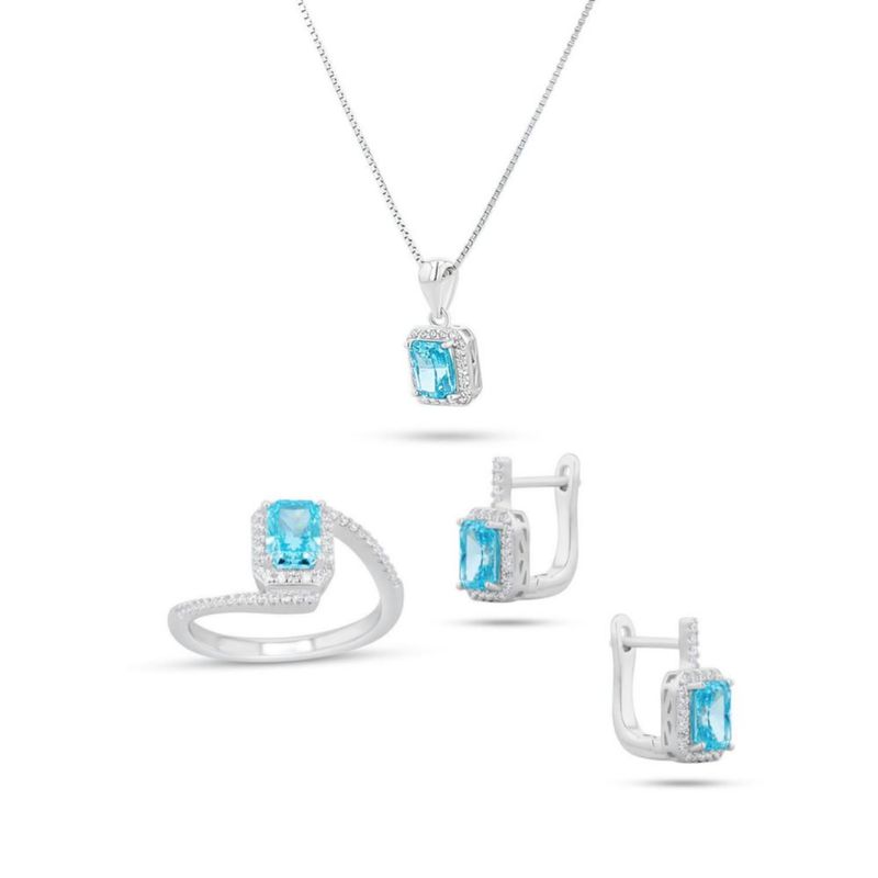 JUEGO DE ANILLO ARRACADAS Y DIJE CON CADENA DE PLATA BLANCA 925 CON ZIRCONIAS BLANCAS Y AZUL CIELO