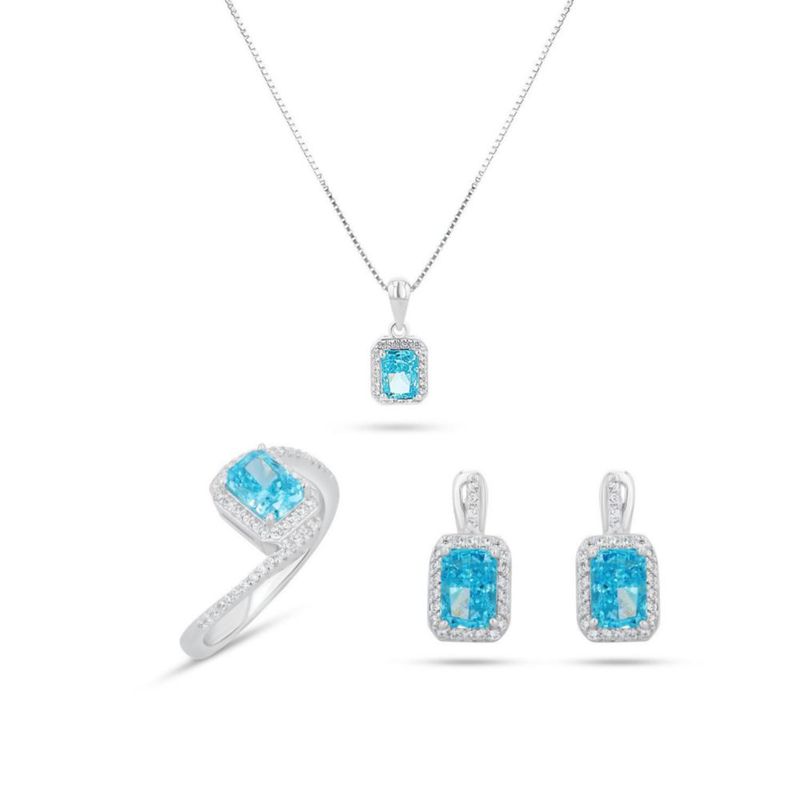 JUEGO DE ANILLO ARRACADAS Y DIJE CON CADENA DE PLATA BLANCA 925 CON ZIRCONIAS BLANCAS Y AZUL CIELO