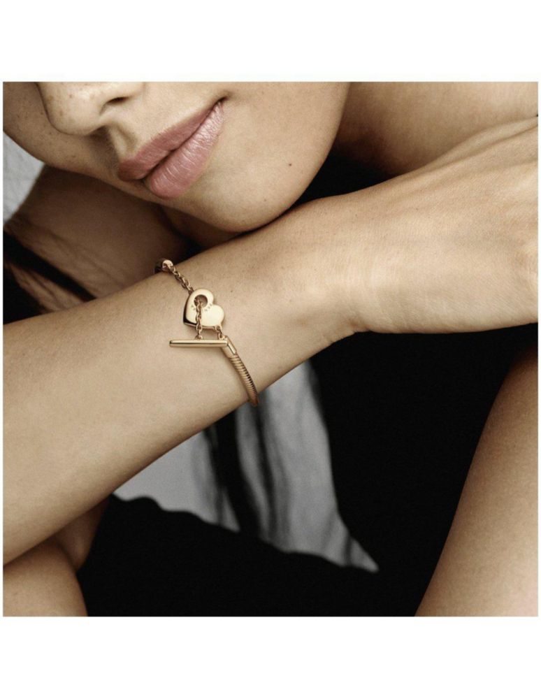Brazalete Pulsera Pandora 569285C00 Cadena Serpiente Barra T Corazón Talla 21