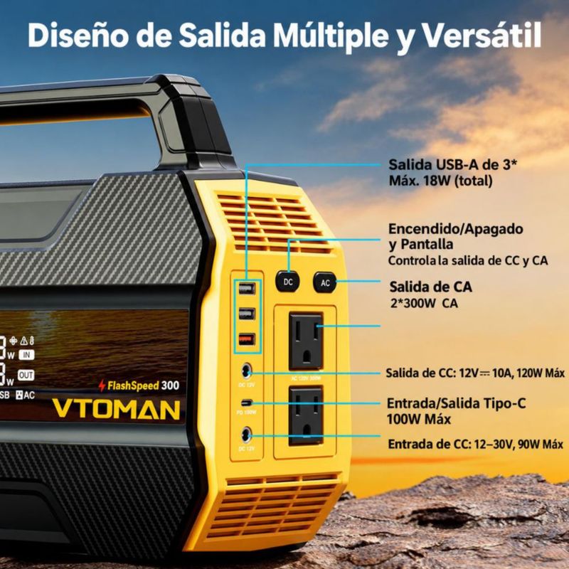 VTOMAN FlashSpeed 300 Estación de energía portátil de 230Wh y 300W salida AC de 110 V, puertos USB y carga solar