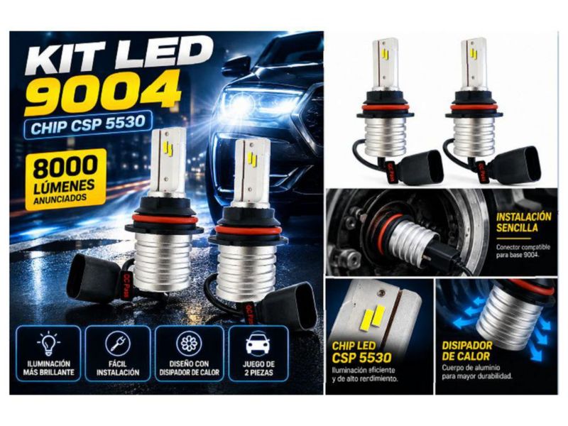 Kit 2 Focos LED para Auto Base 9004 Chip CSP 5530 8000 Lúmenes con Cable