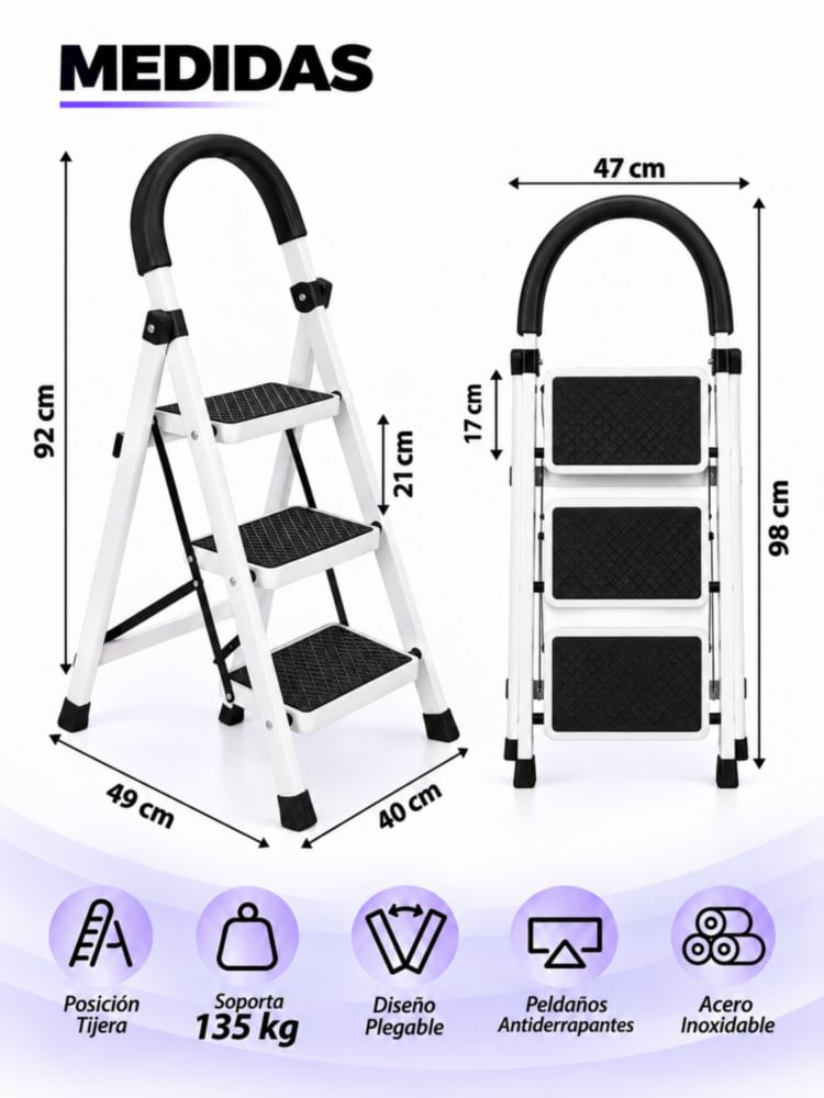 Escalera Plegable 3 Peldaños Color Blanco Antideslizante Multifuncional Color Blanco