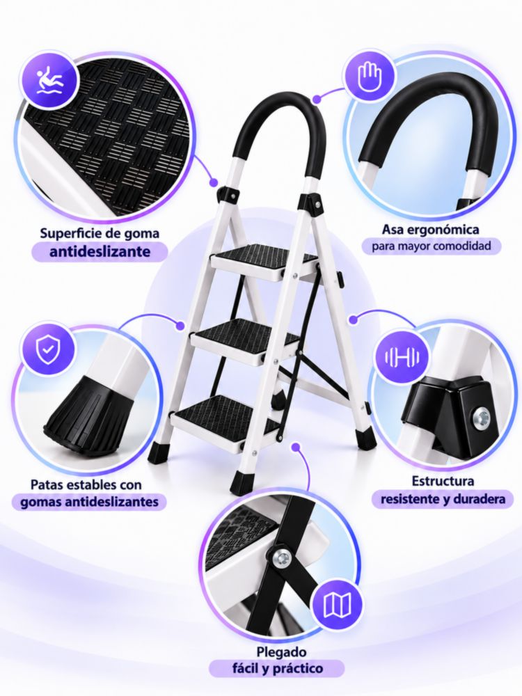 Escalera Plegable 3 Peldaños Color Blanco Antideslizante Multifuncional Color Blanco