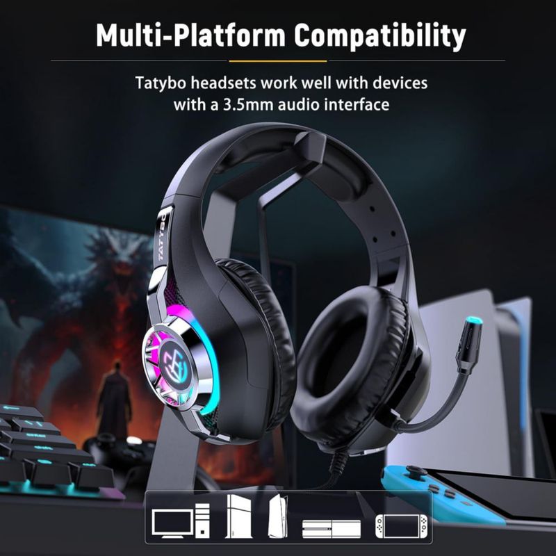 Audífonos Tatybo RGB con micrófono de cancelación de ruido - Negro