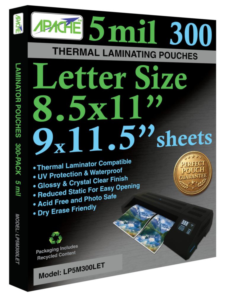 Sobres laminadores Apache tamaño carta 24 × 29 cm – Pack de 300 – 5 mil