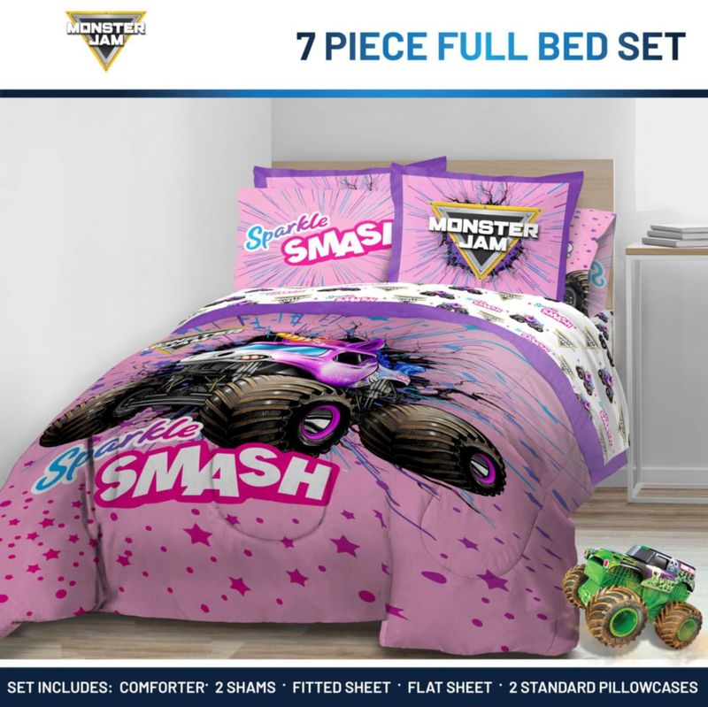Juego de ropa de cama Jay Franco Full 7 piezas rosa Monster Jam