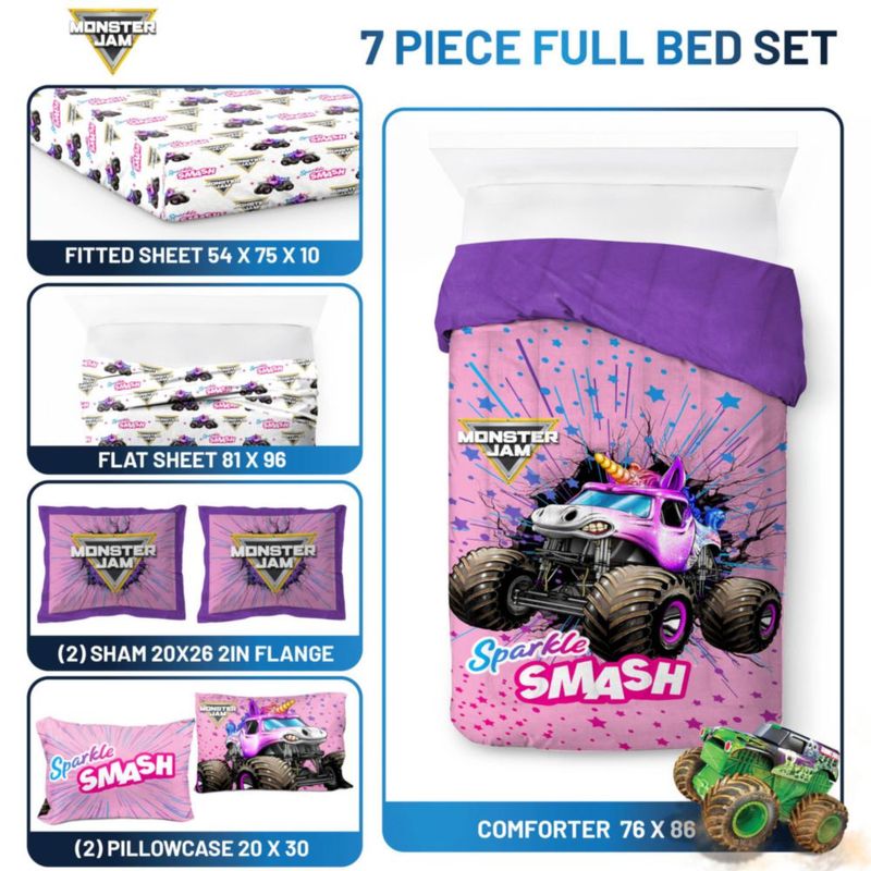 Juego de ropa de cama Jay Franco Full 7 piezas rosa Monster Jam