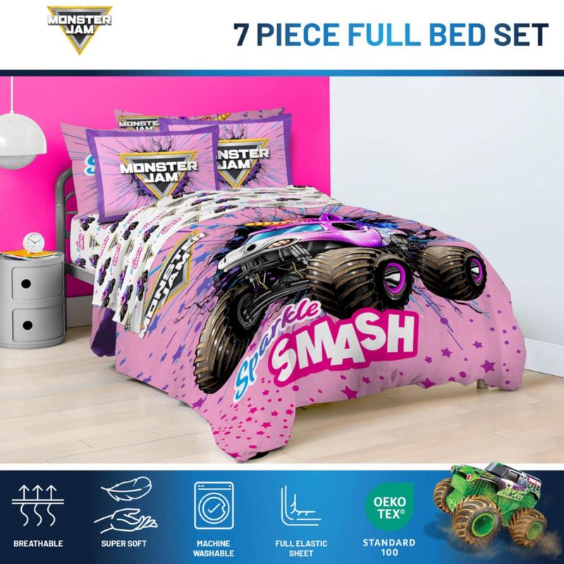 Juego de ropa de cama Jay Franco Full 7 piezas rosa Monster Jam