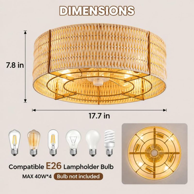 Ventilador de techo OKES 45 cm con control remoto estilo boho y luz