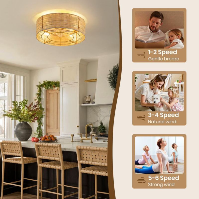 Ventilador de techo OKES 45 cm con control remoto estilo boho y luz