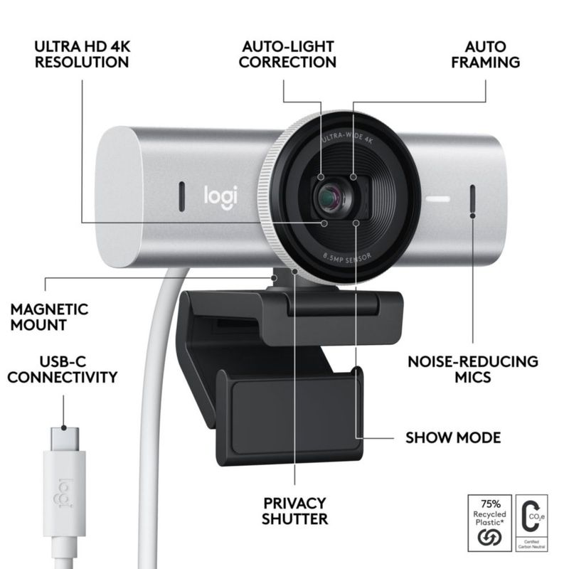 Cámara web Logitech MX Brio 4K gris pálido