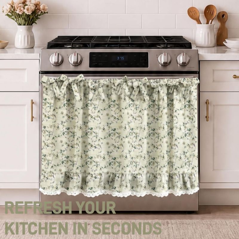 Cortinas para horno Cyberplex 77 cm Verde Salvia con Volantes y Encaje