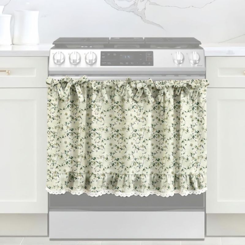 Cortinas para horno Cyberplex 77 cm Verde Salvia con Volantes y Encaje