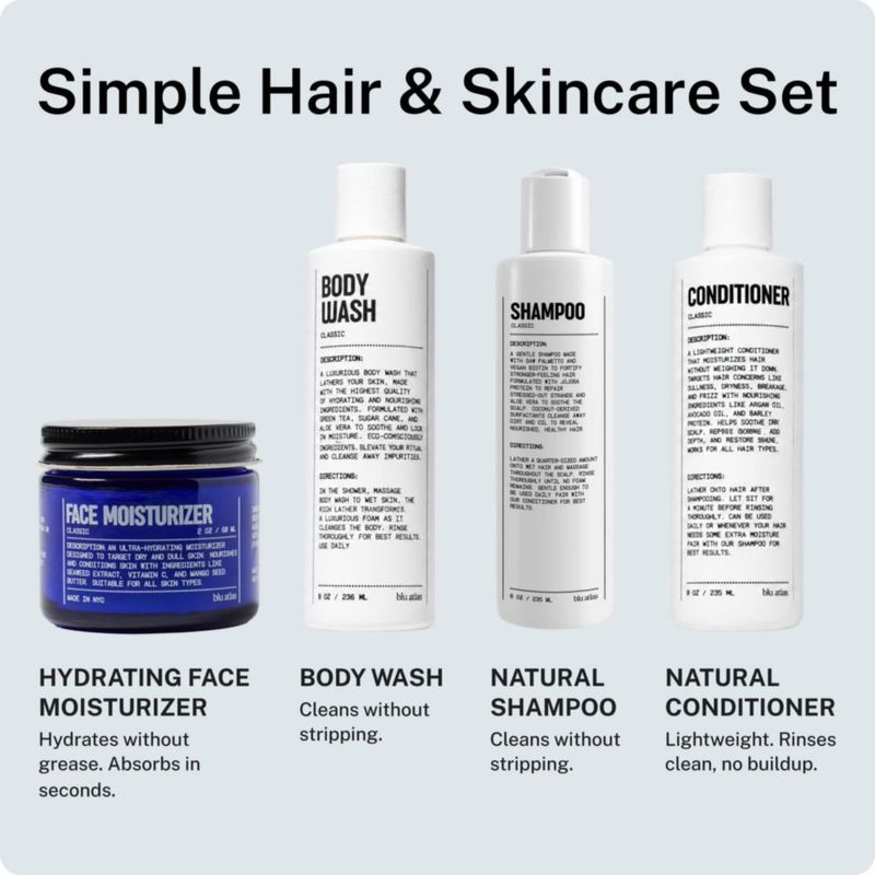 Set Esencial Blu Atlas: Crema Hidratante Gel de Ducha Champú y Acondicionador
