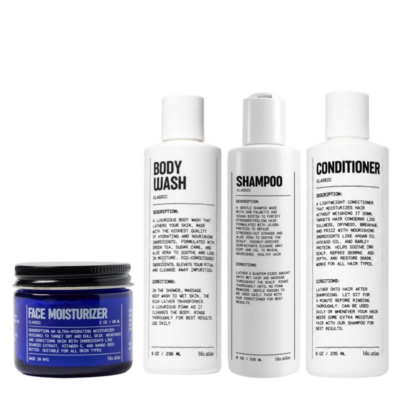 Set Esencial Blu Atlas: Crema Hidratante Gel de Ducha Champú y Acondicionador
