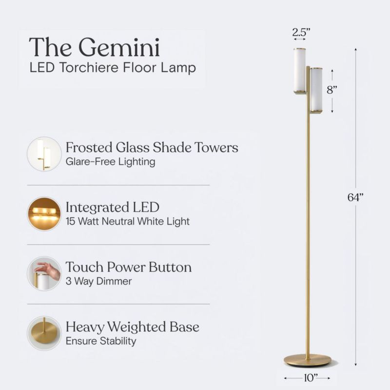 Lámpara de pie Brightech Gemini regulable dorada de 2 luces
