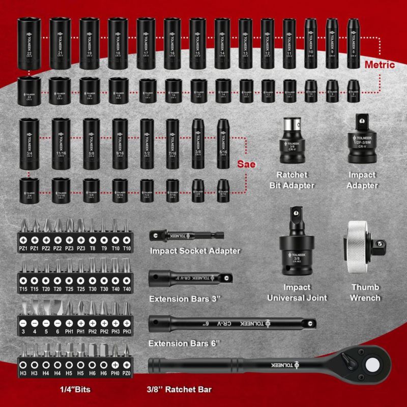 Juego de Dados de Impacto Tolneek 92 piezas 8‑22 mm (3/8") Cr‑Mo