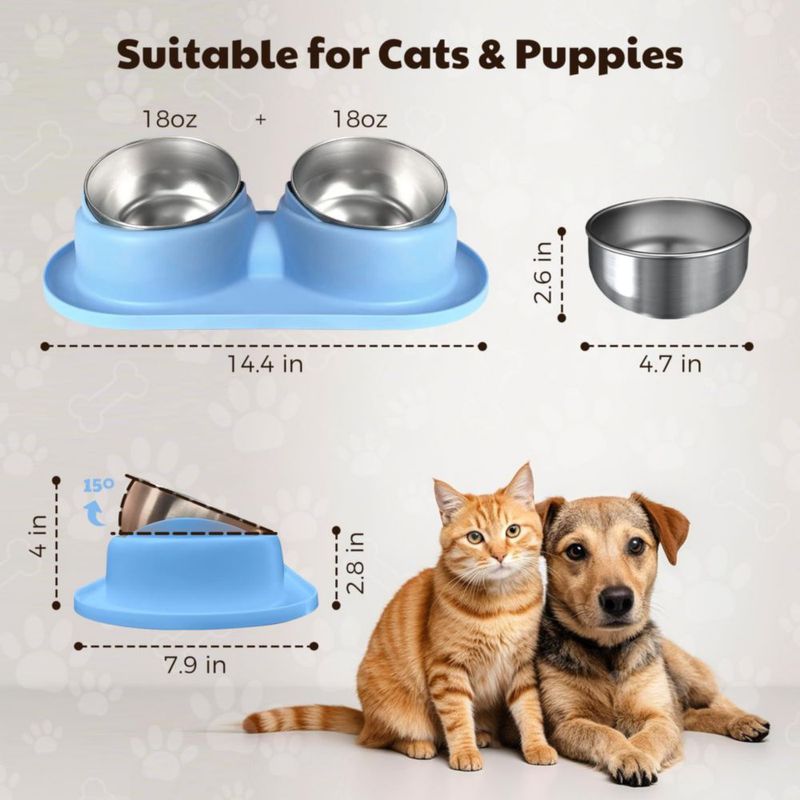 Tazones para Gatos Trekora 2 x 36 oz Acero Inoxidable con Alfombrilla Azul