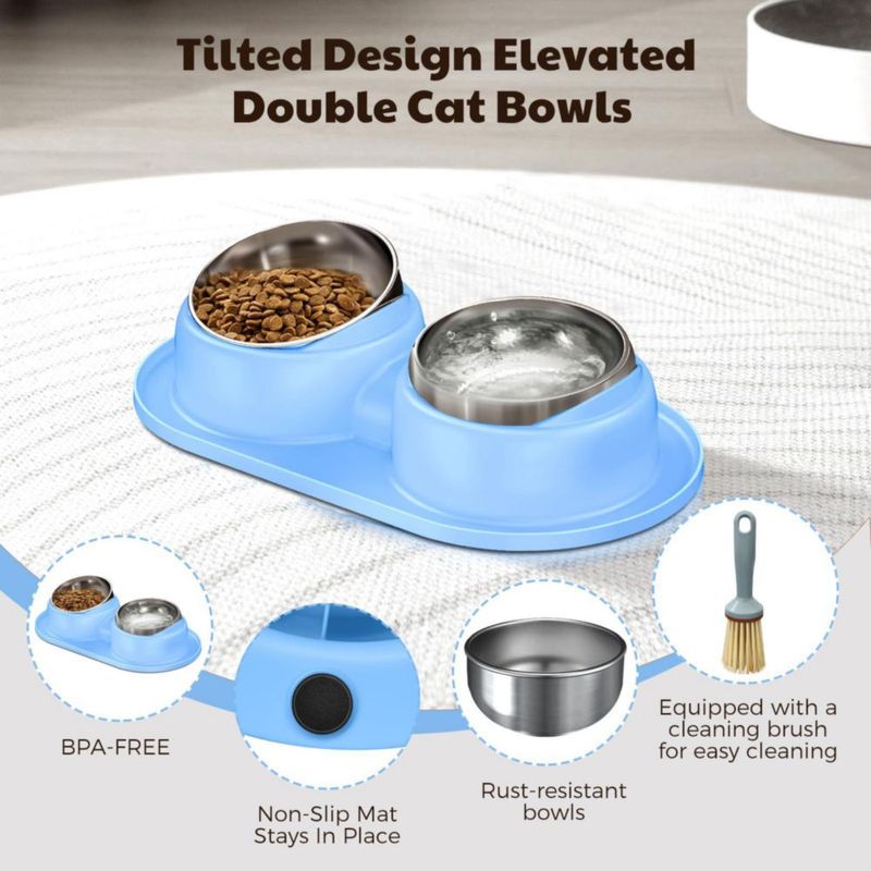 Tazones para Gatos Trekora 2 x 36 oz Acero Inoxidable con Alfombrilla Azul