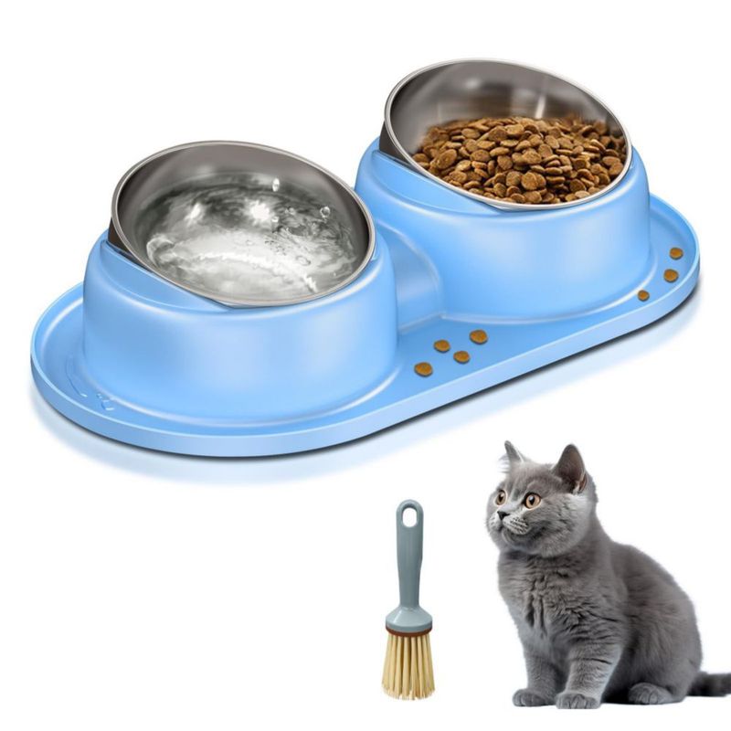 Tazones para Gatos Trekora 2 x 36 oz Acero Inoxidable con Alfombrilla Azul