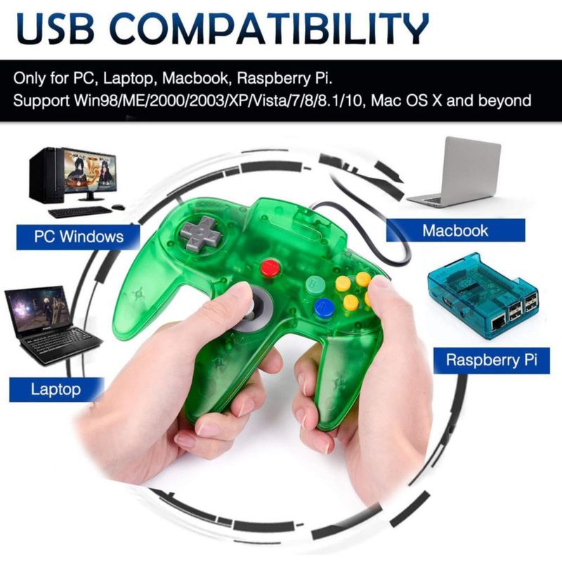 Mando miadore N64 USB con cable – Pack de 2 (verde claro / rojo claro)