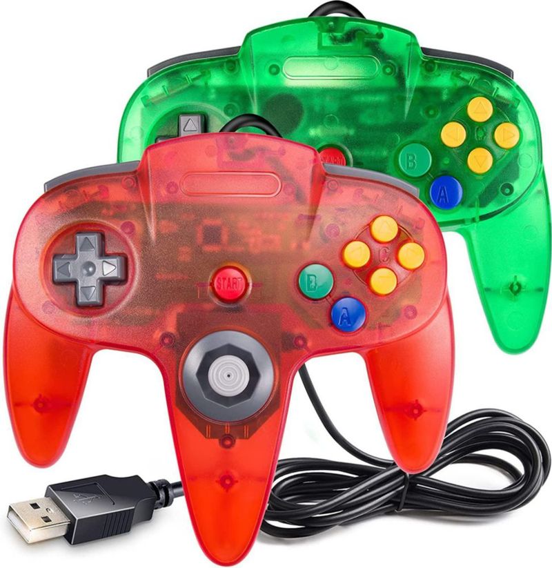 Mando miadore N64 USB con cable – Pack de 2 (verde claro / rojo claro)