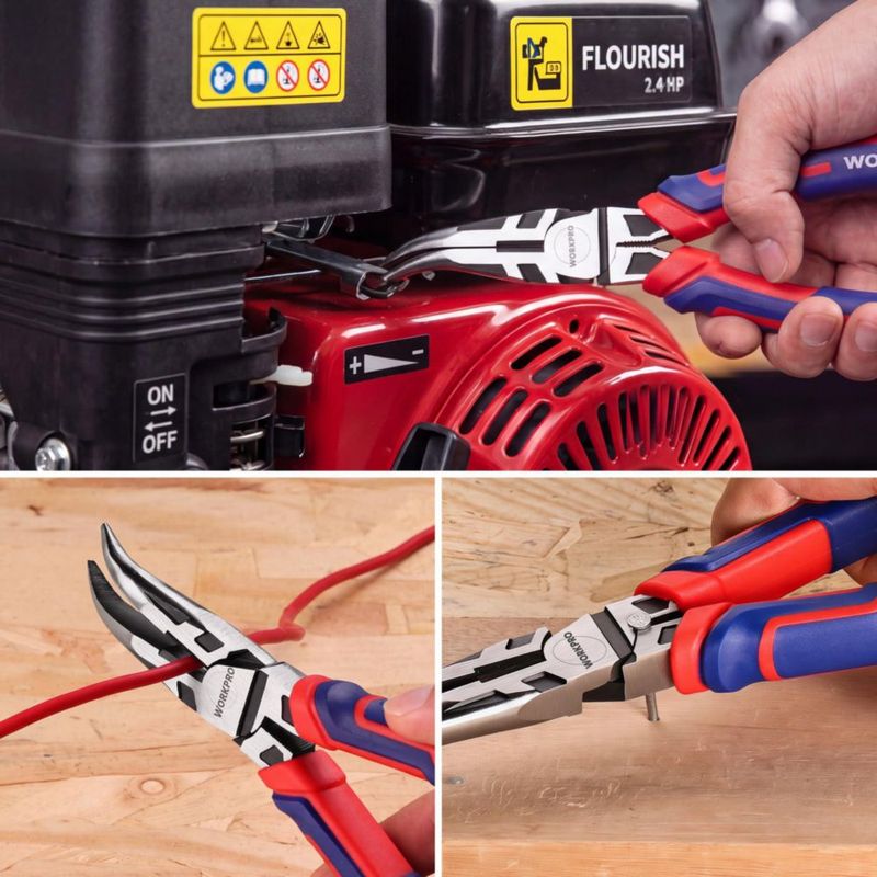 Alicates WORKPRO de 20 cm de punta curva en acero CRV con cortador de alambre