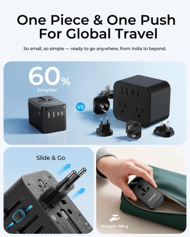 Adaptador de viaje LENCENT 28W 6 en 1 USB‑C/A Tipo D/G/C/I