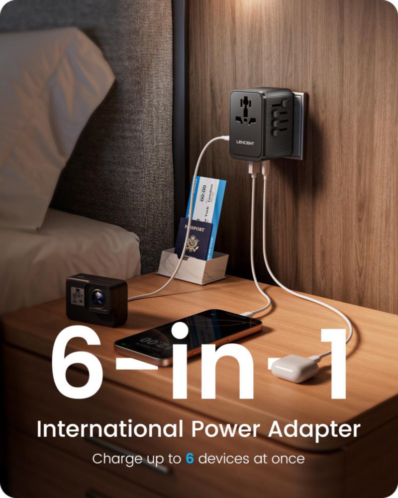 Adaptador de viaje LENCENT 28W 6 en 1 USB‑C/A Tipo D/G/C/I